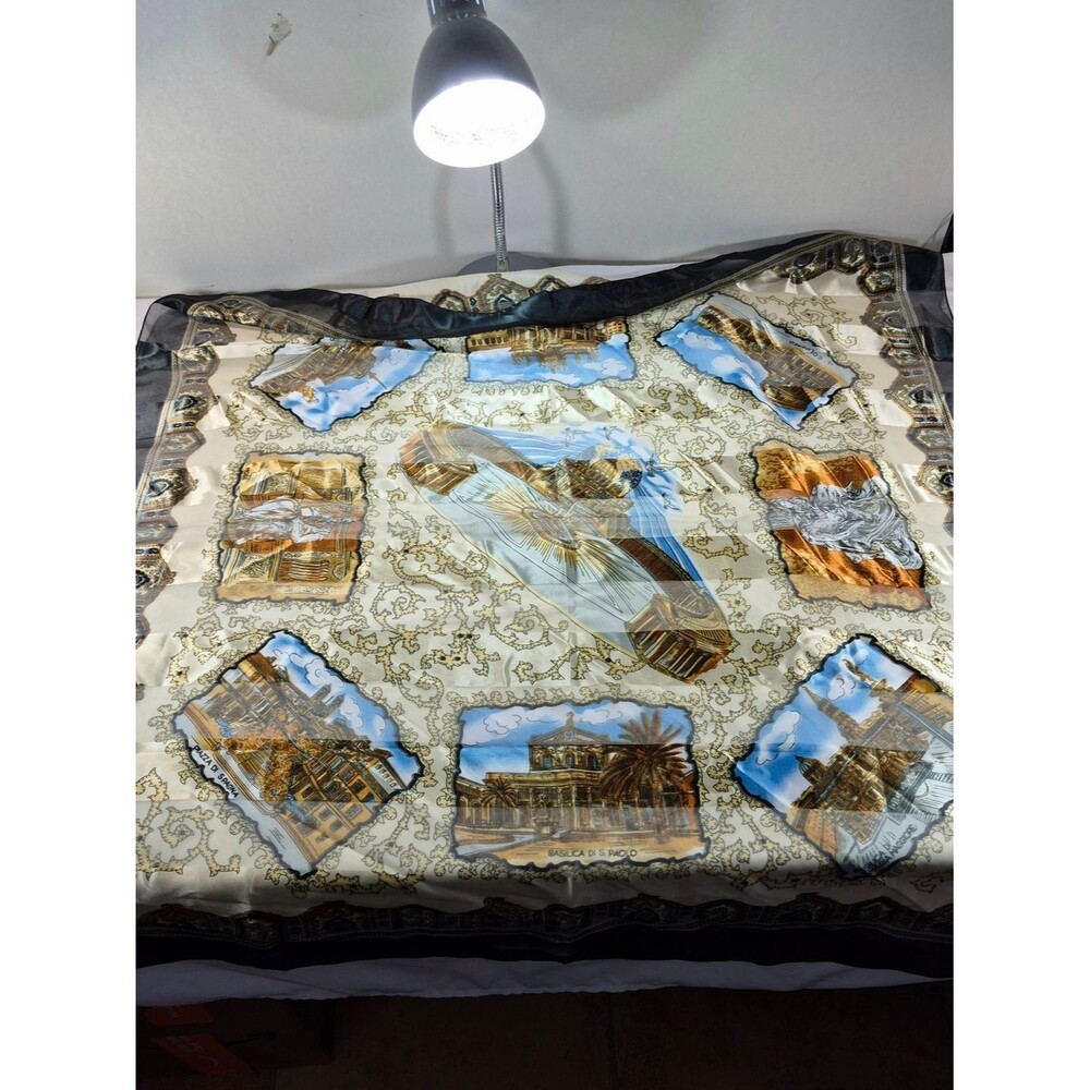 NWOT Vintage Italian Souvenir Scarf – Rome Landmarks & Gold Scrollwork 74x38 L